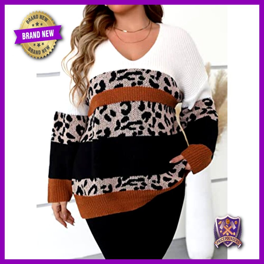 Plus Size Leopard V-Neck Pullover Sweater Long Sl… - image 3